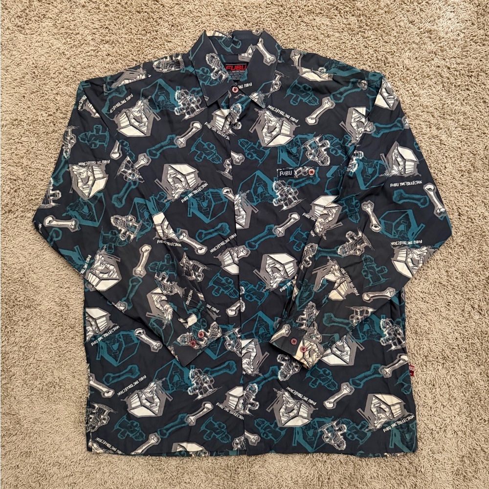 Vintage Y2K FUBU Shirt Mens XL Black Dog Bone Button Up AOP Long Sleeve